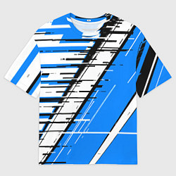 Мужская футболка оверсайз Чёрно-белые глитч полосы на синем фоне