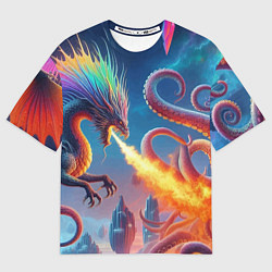 Футболка оверсайз мужская Огнедышащий дракон против осьминога - нейроарт фан, цвет: 3D-принт