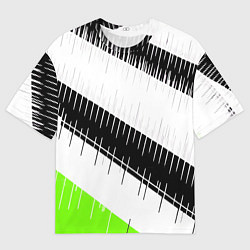 Мужская футболка оверсайз Диагональные чёрно-белые полосы на зелёном фоне