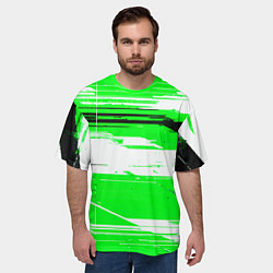 Футболка оверсайз мужская Горизонтальные чёрно-белые линии на зелёном фоне, цвет: 3D-принт — фото 2