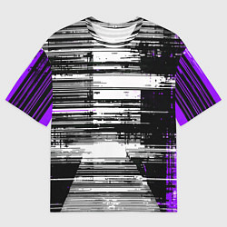 Мужская футболка оверсайз Горизонтальные чёрные линии на бело-фиолетовом фон