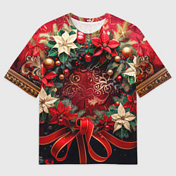 Футболка оверсайз мужская Новогодний венок с пуансеттией - нейросеть, цвет: 3D-принт