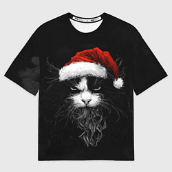 Футболка оверсайз мужская Суровый кот в новогодней шапке - нейросеть, цвет: 3D-принт