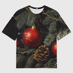 Футболка оверсайз мужская Красные новогодние шары с шишкой, цвет: 3D-принт