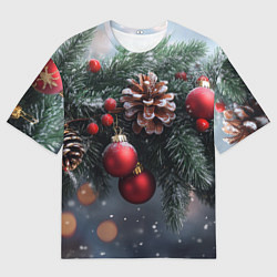 Мужская футболка оверсайз Красные игрушки на елке и шишки