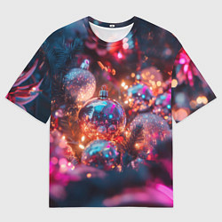 Мужская футболка оверсайз Новогодние шары и фиолетовые блески