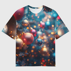 Мужская футболка оверсайз Красные и синие шары на фоне елки