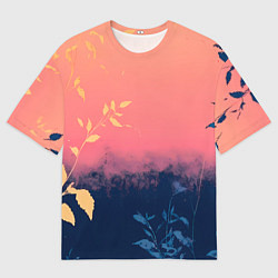 Мужская футболка оверсайз Листья на сине-розовом фоне - нейросеть