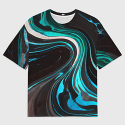 Мужская футболка оверсайз Волнистые бело-голубые линии на чёрном фоне