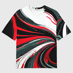 Мужская футболка оверсайз Волнистые чёрно-красные линии на белом фоне