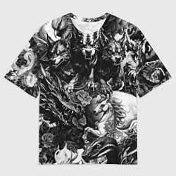 Мужская футболка оверсайз Дракон и другие мифические существа в стиле тату