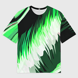 Мужская футболка оверсайз Зелёно-белая абстракция на чёрном фоне