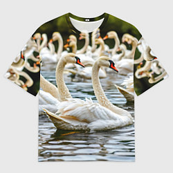 Мужская футболка оверсайз Белые лебеди на пруду