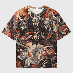 Футболка оверсайз мужская Логотип король и шут на фоне мифических животных, цвет: 3D-принт