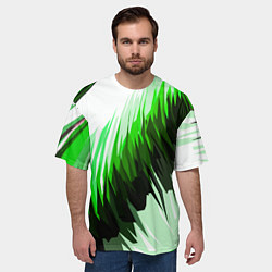 Футболка оверсайз мужская Чёрно-зелёные острые полосы на белом фоне, цвет: 3D-принт — фото 2
