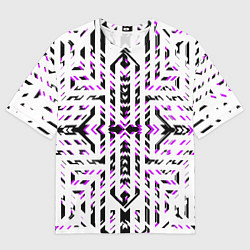 Мужская футболка оверсайз Чёрно-фиолетовые диагональные полосы на белом фоне