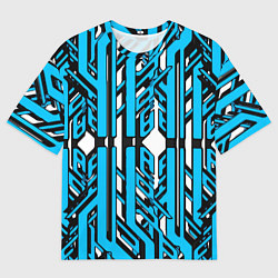 Мужская футболка оверсайз Чёрно-синие техно полосы на белом фоне