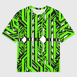 Мужская футболка оверсайз Чёрно-зелёные техно полосы на белом фоне