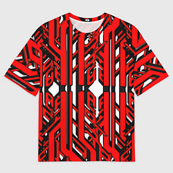 Мужская футболка оверсайз Чёрно-красные техно полосы на белом фоне