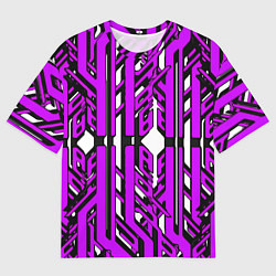 Мужская футболка оверсайз Чёрно-фиолетовые техно полосы на белом фоне