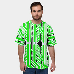 Футболка оверсайз мужская Бело-зелёные техно полосы на чёрном фоне, цвет: 3D-принт — фото 2