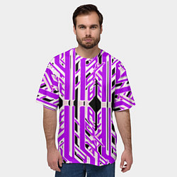 Футболка оверсайз мужская Бело-фиолетовые техно полосы на чёрном фоне, цвет: 3D-принт — фото 2