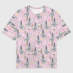 Мужская футболка оверсайз Серый заяц с цветами