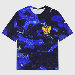 Футболка оверсайз мужская Синий потертый камуфляж и герб РФ, цвет: 3D-принт