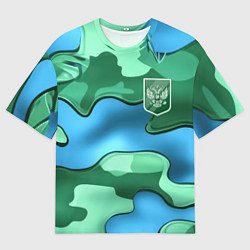 Футболка оверсайз мужская Зелено-голубой камуфляж и герб РФ, цвет: 3D-принт