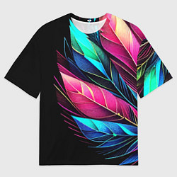 Мужская футболка оверсайз Букет из цветных перьев - неон