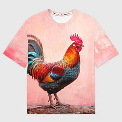 Футболка оверсайз мужская Петух на розовом, цвет: 3D-принт