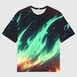 Мужская футболка оверсайз Зеленое абстрактное пламя