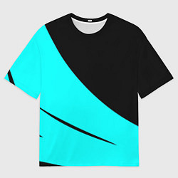 Мужская футболка оверсайз Чёрный и неоновый голубой двуцветный с полосой