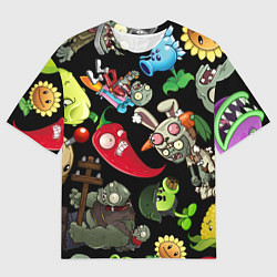 Мужская футболка оверсайз Растения против зомби персонажи на черном