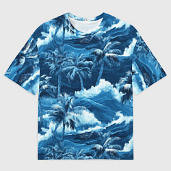 Футболка оверсайз мужская Пальмы и волны - голубые оттенки паттерн, цвет: 3D-принт