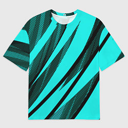 Мужская футболка оверсайз Неоновый голубой с чёрным абстракция с полосами