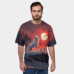 Футболка оверсайз мужская Волк воет на красную луну, цвет: 3D-принт — фото 2