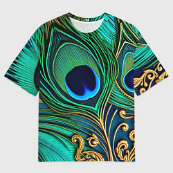 Мужская футболка оверсайз Зеленые перья павлина
