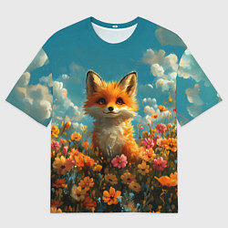 Футболка оверсайз мужская Лисица в цветочном поле, цвет: 3D-принт