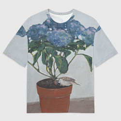 Мужская футболка оверсайз Спящий воробушек на гортензии