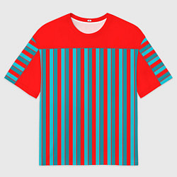 Мужская футболка оверсайз Красно синий комбинированный узор с полосами