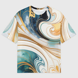 Мужская футболка оверсайз Аквамарин и оранж узор с завитками