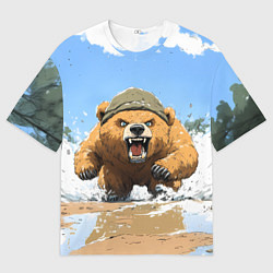 Футболка оверсайз мужская Медведь бежит среди волн, цвет: 3D-принт