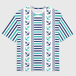 Футболка оверсайз мужская Морской орнамент с якорями и полосками, цвет: 3D-принт