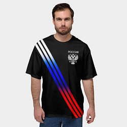 Футболка оверсайз мужская Герб и полосы с цветами флага России на чёрном, цвет: 3D-принт — фото 2