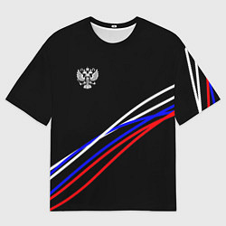 Футболка оверсайз мужская Герб и полосы цветов флага на чёрном, цвет: 3D-принт