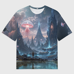 Футболка оверсайз мужская Фантастический мир с медузами и озеро у гор, цвет: 3D-принт