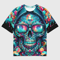 Футболка оверсайз мужская Кибер череп в балахоне и очках - нейроарт фантазия, цвет: 3D-принт