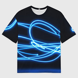 Футболка оверсайз мужская Неоновые голубые волны на черном фоне, цвет: 3D-принт
