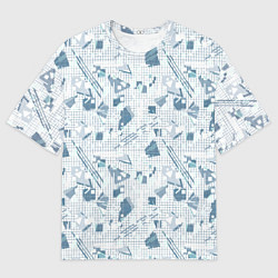 Футболка оверсайз мужская Мемфис синий с серым клетчатый геометрический узор, цвет: 3D-принт